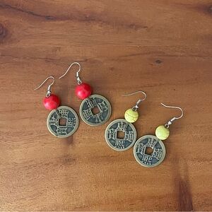Chinese feng shui coin earrings (2 pairs) yellow and red